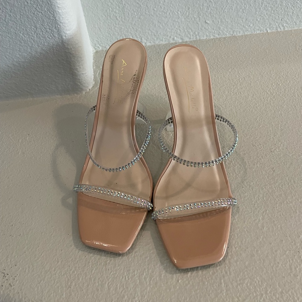 Amina Muaddi Beige Crystal Strap Heels